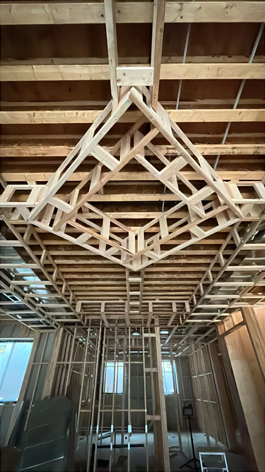Tray ceiling framing with a diamond feature